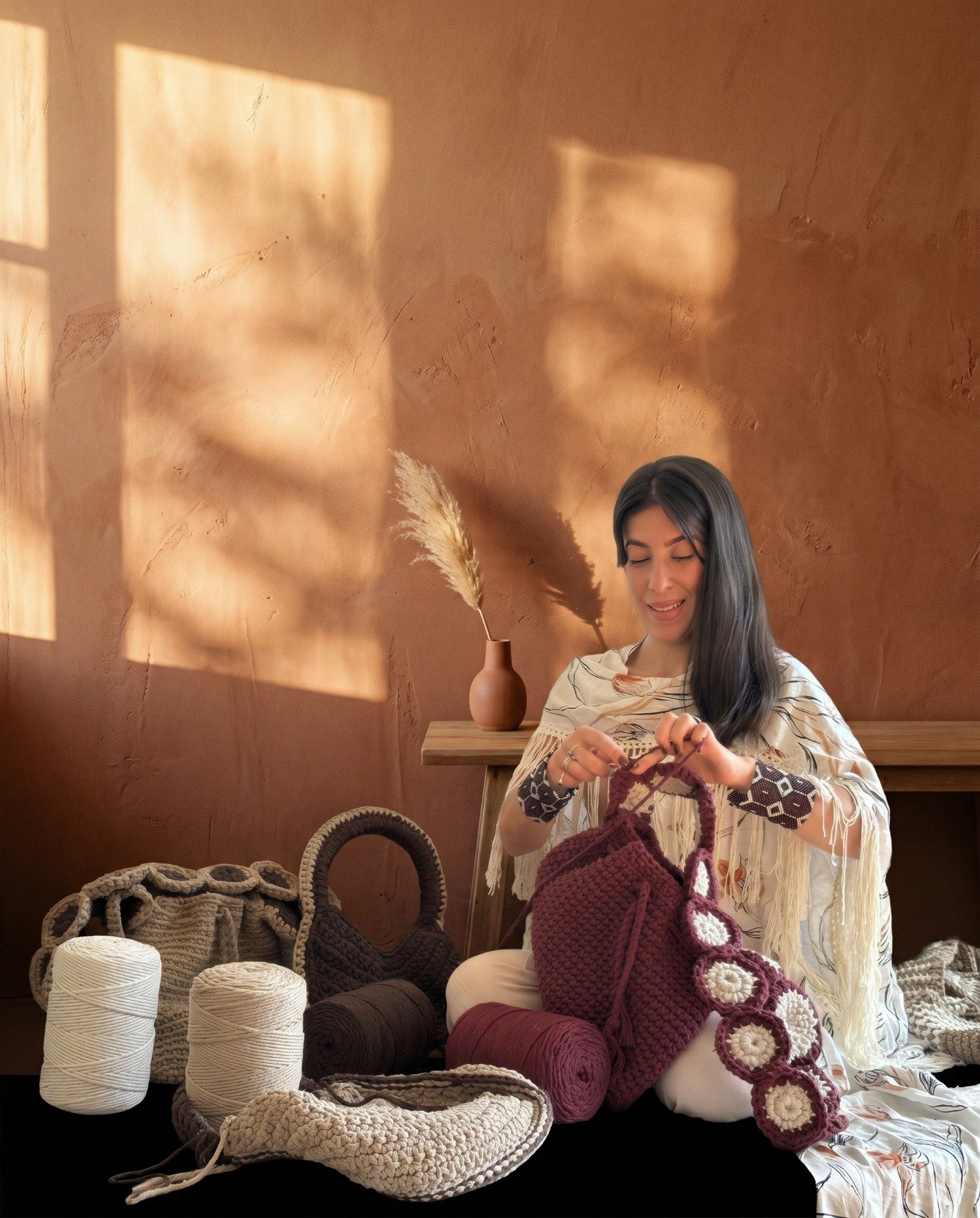Gabriela Rizzo en su atelier · pared terracota · luz dorada · bolsas y madejas · TUÁ