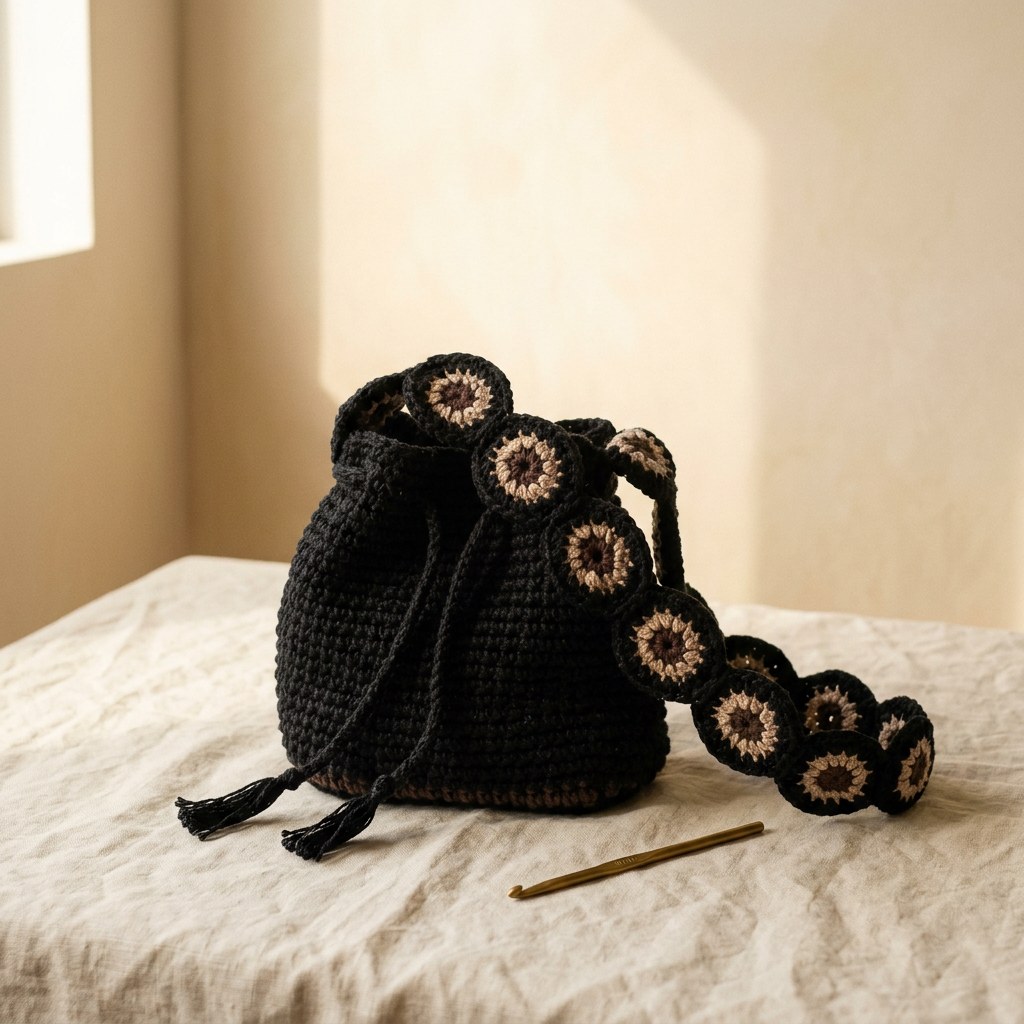 Bolsa Ojos de la Tierra · pieza negra sobre lino crudo con aguja de crochet en bronce · obra-base de la mentoría · TUÁ